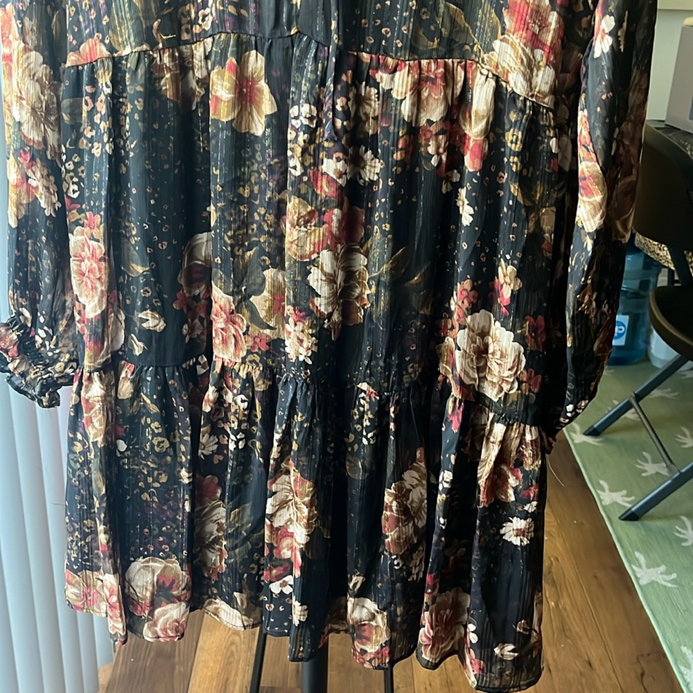 Ronni Nicole Long Sleeve Tie neck Floral Babydoll Mini Dress - Picture 3 of 6